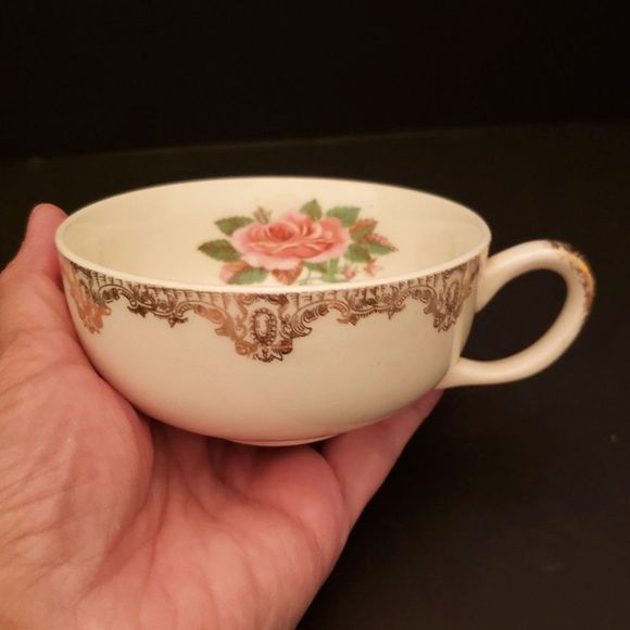 American Rose Cups Saucers Paden City Pottery Pink Roses Gold Vintage 4 sets - Picture 12 of 16